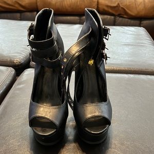 Leather Black Open Toe Heels